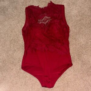 Red Lacey Mock Neck Bodysuit